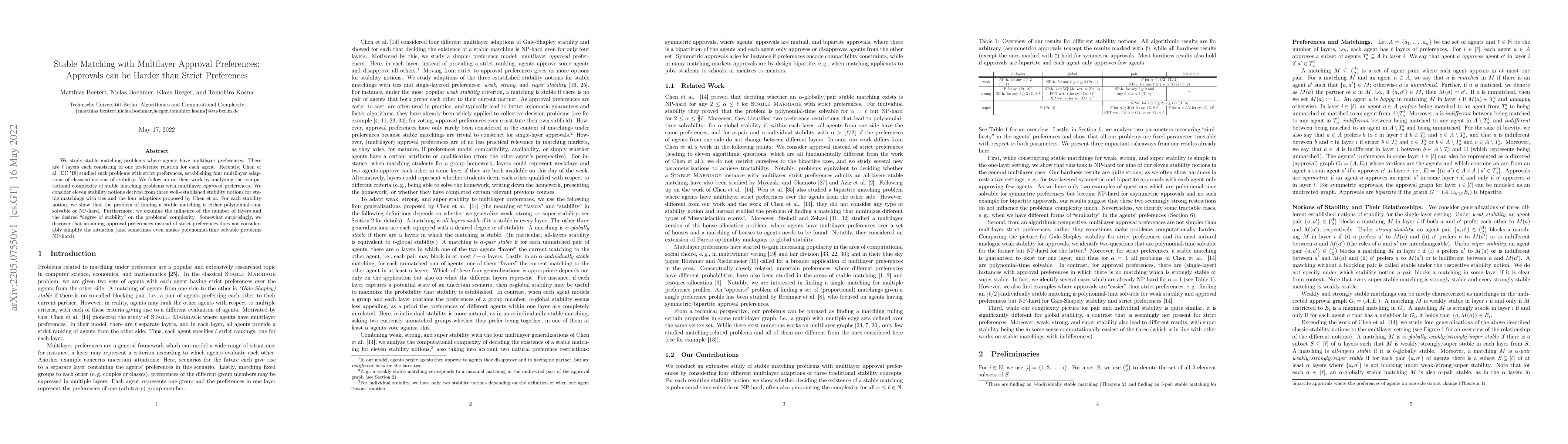 Thumbnail for Stable Matching with Multilayer Approval Preferences: Approvals can be
  Harder than Strict Preferences