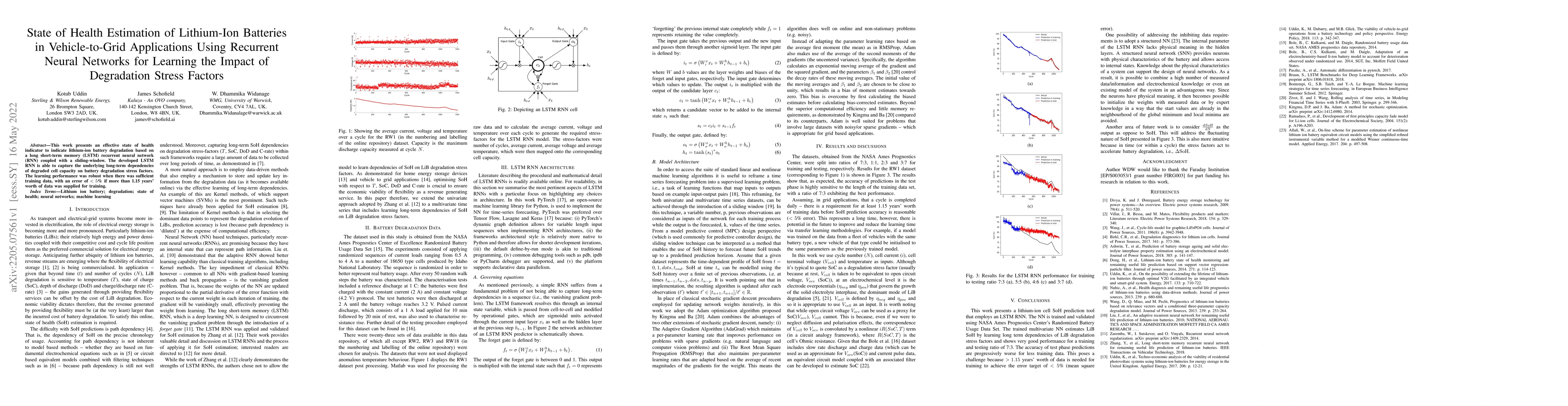 Thumbnail for State of Health Estimation of Lithium-Ion Batteries in Vehicle-to-Grid
  Applications Using Recurrent Neural Networks for Learning the Impact of
  Degradation Stress Factors