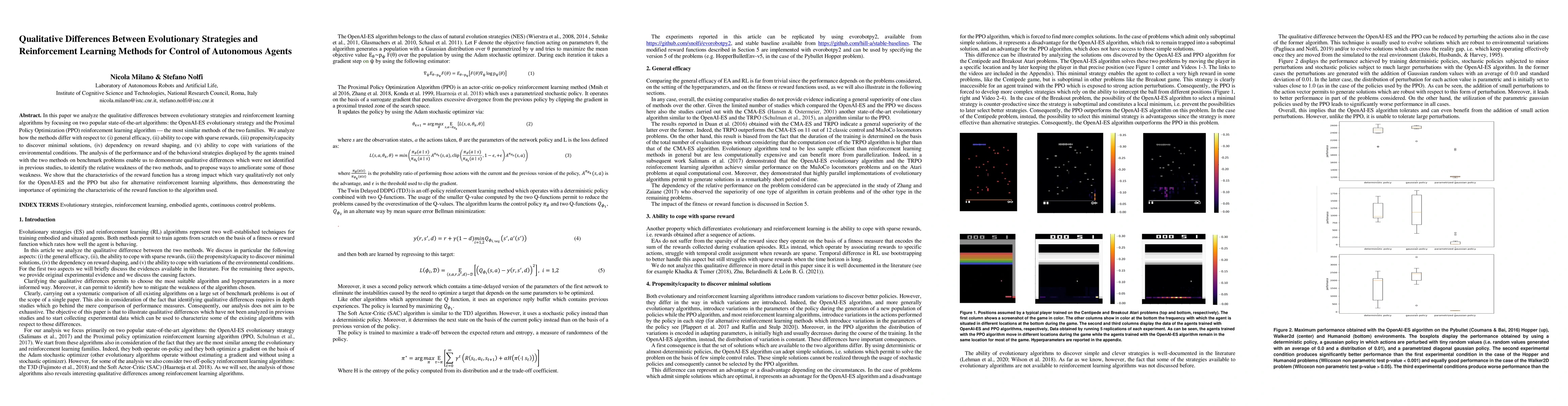 Thumbnail for Qualitative Differences Between Evolutionary Strategies and
  Reinforcement Learning Methods for Control of Autonomous Agents