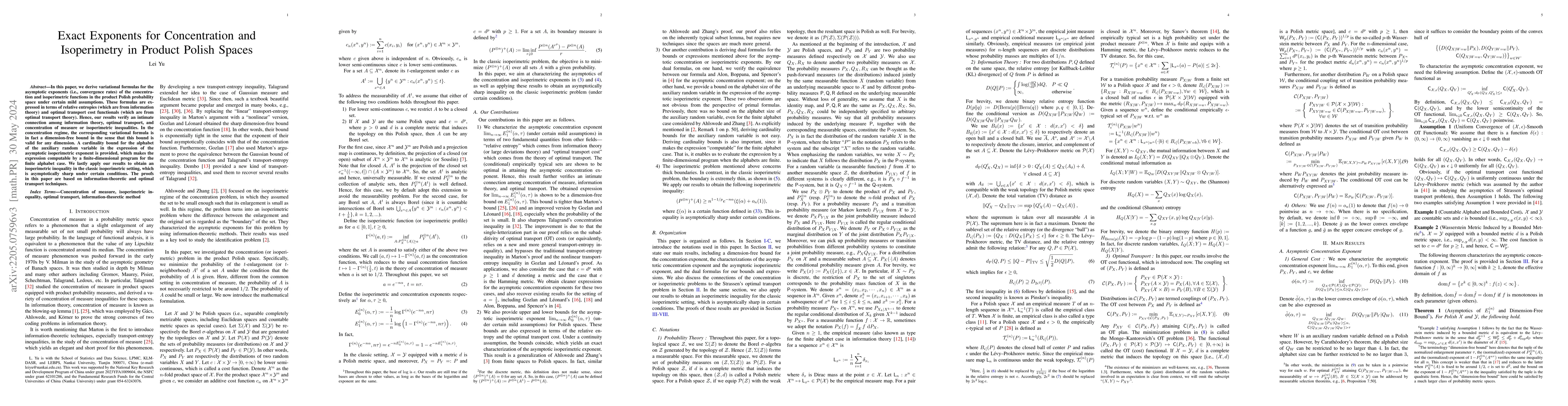 Thumbnail for Exact Exponents for Concentration and Isoperimetry in Product Polish
  Spaces