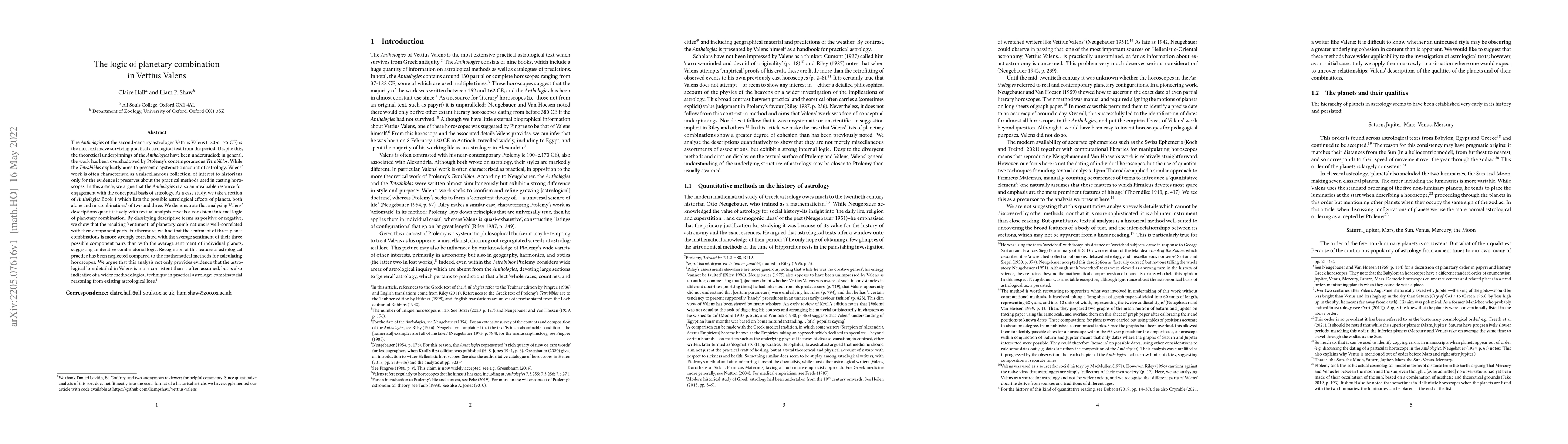 Thumbnail for The logic of planetary combination in Vettius Valens