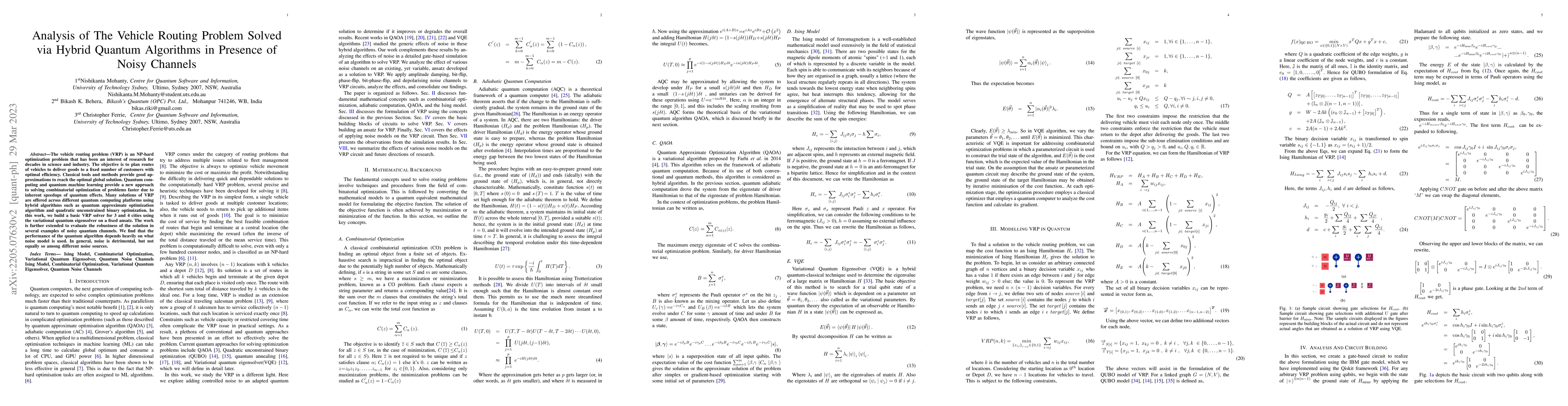 Thumbnail for Analysis of The Vehicle Routing Problem Solved via Hybrid Quantum
  Algorithms in Presence of Noisy Channels