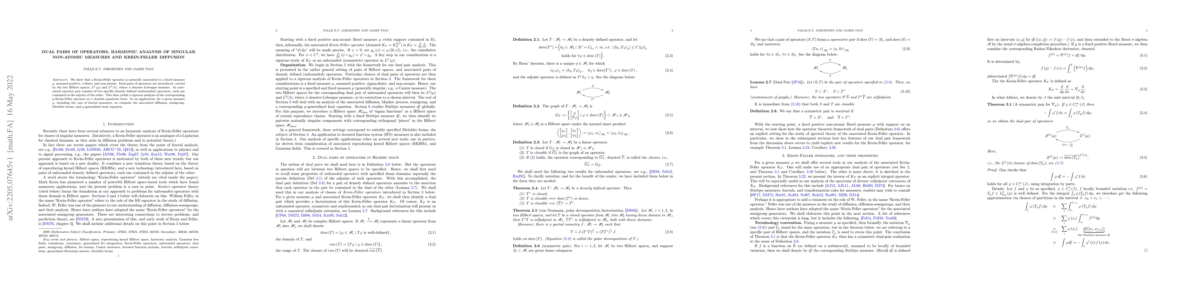 Thumbnail for Dual pairs of operators, harmonic analysis of singular non-atomic
  measures and Krein-Feller diffusion