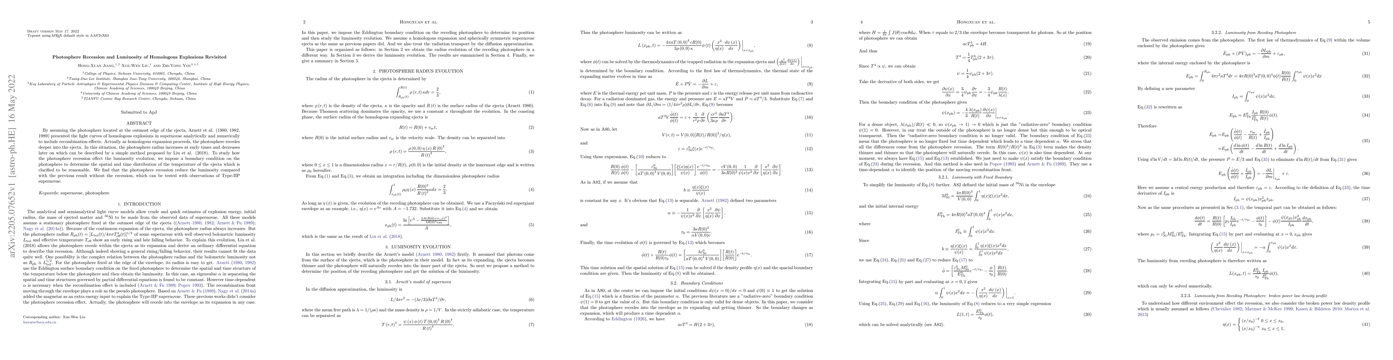 Thumbnail for Photosphere Recession and Luminosity of Homologous Explosions Revisited