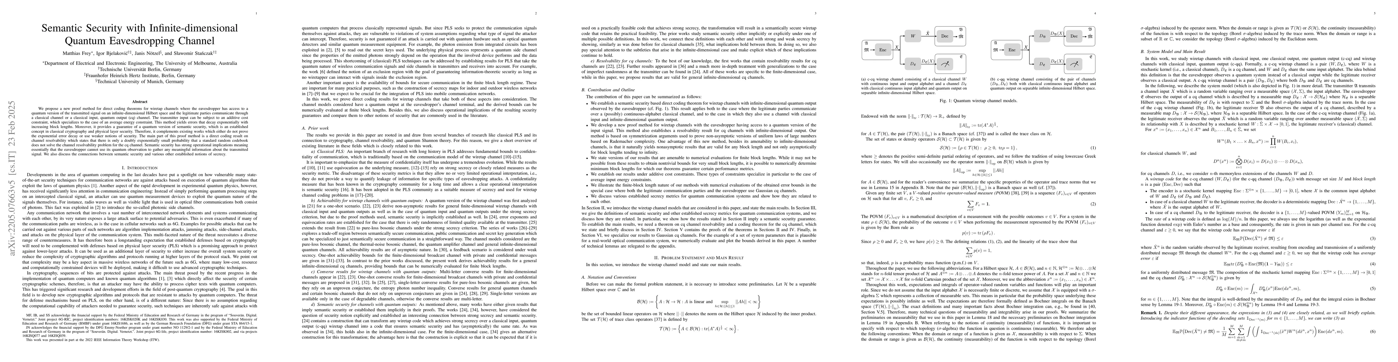 Thumbnail for Semantic Security with Infinite Dimensional Quantum Eavesdropping
  Channel