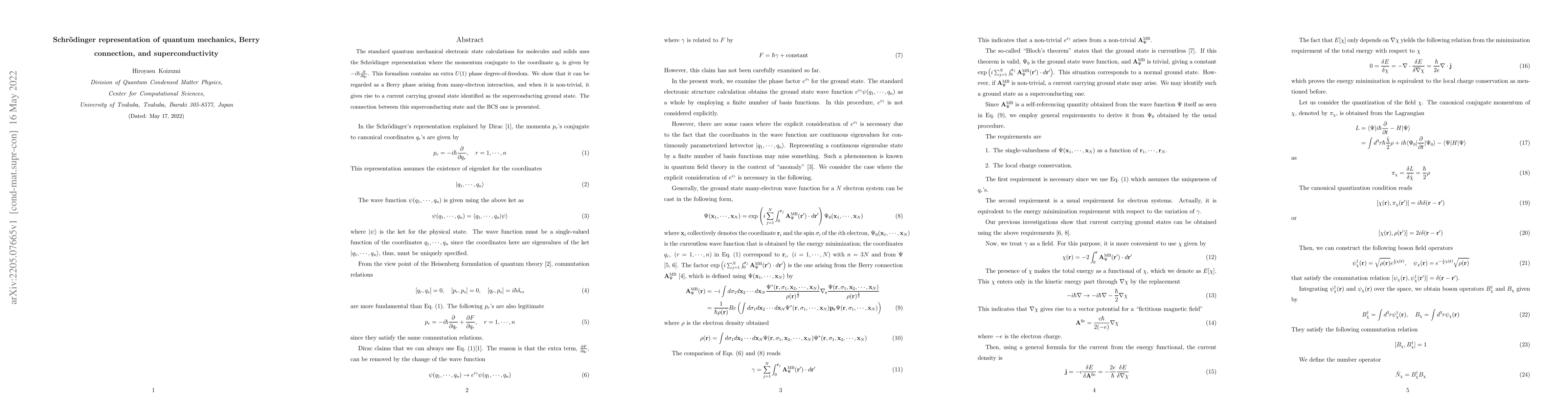 Thumbnail for Schroedinger representation of quantum mechanics, Berry connection, and
  superconductivity
