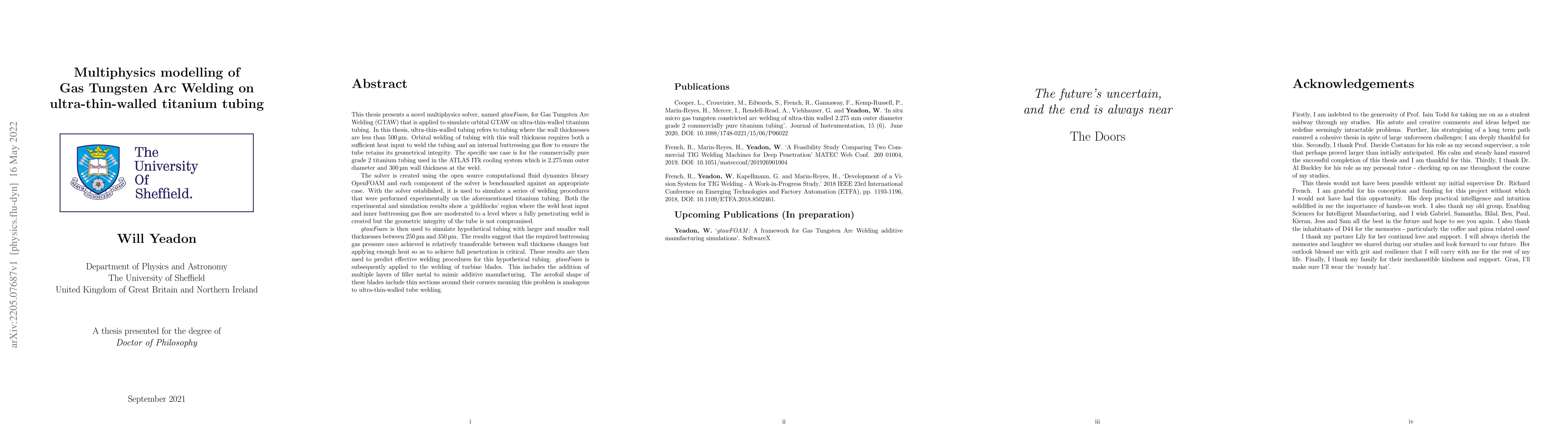 Thumbnail for Multiphysics modelling of Gas Tungsten Arc Welding on ultra-thin-walled
  titanium tubing