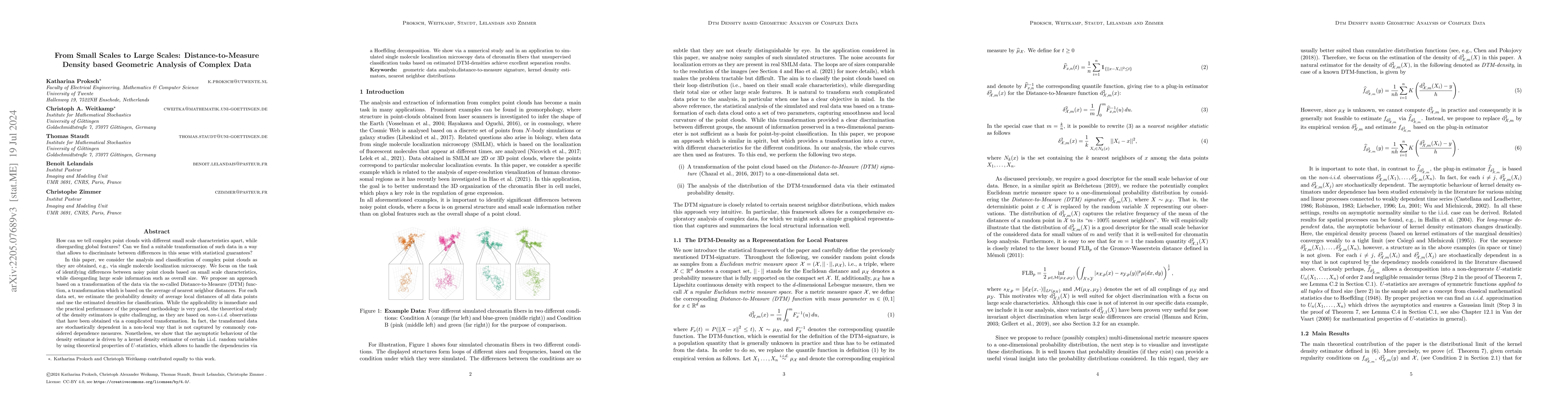 Thumbnail for From Small Scales to Large Scales: Distance-to-Measure Density based
  Geometric Analysis of Complex Data