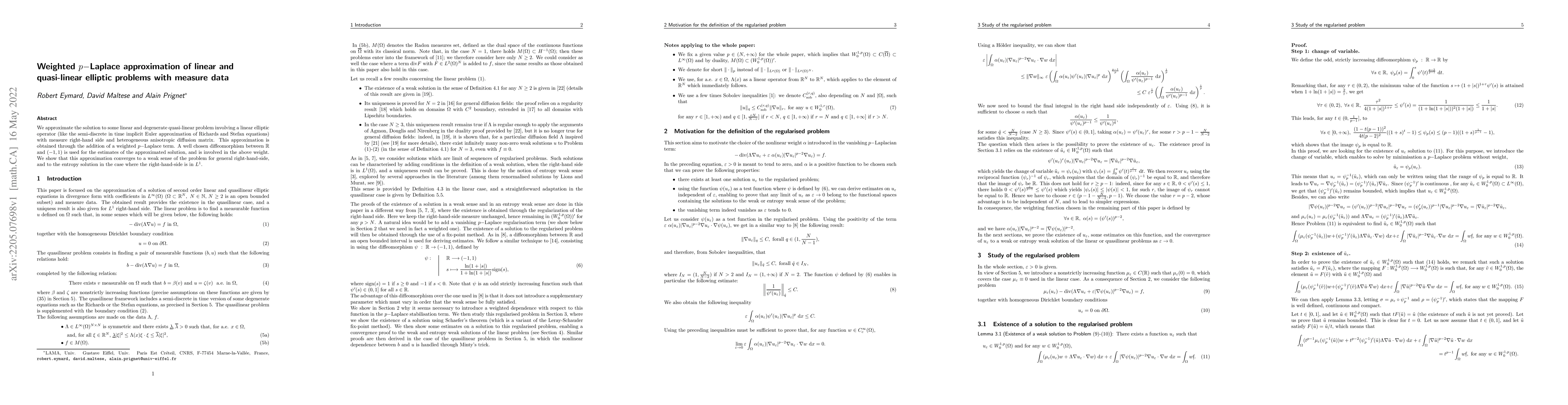 Thumbnail for Weighted p--Laplace approximation of linear and quasi-linear elliptic
  problems with measure data