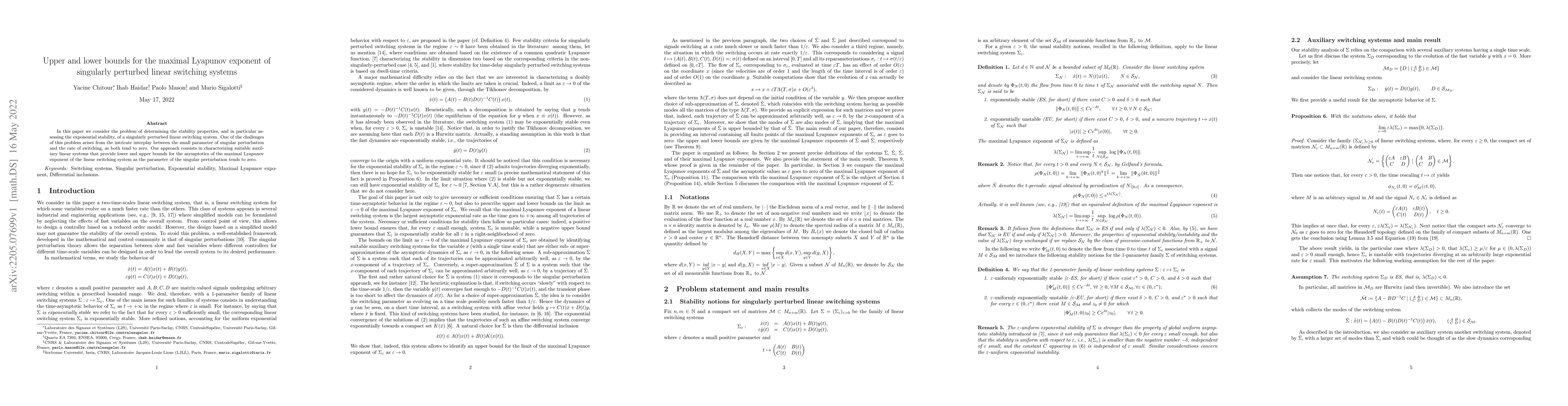 Thumbnail for Upper and lower bounds for the maximal Lyapunov exponent of singularly
  perturbed linear switching systems