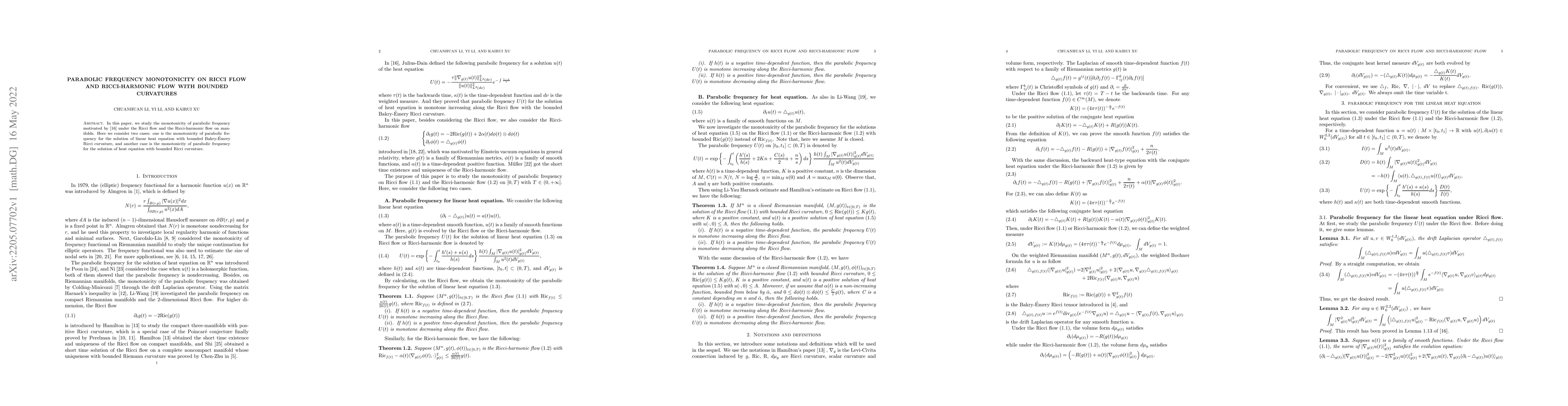 Thumbnail for Parabolic frequency monotonicity on Ricci flow and Ricci-harmonic flow
  with bounded curvatures