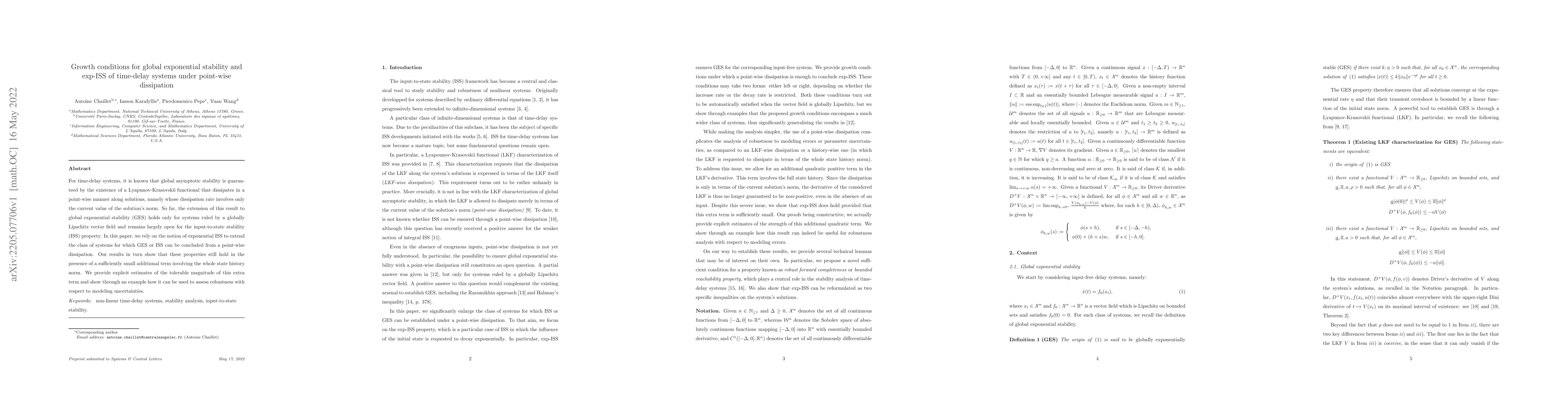 Thumbnail for Growth conditions for global exponential stability and exp-ISS of
  time-delay systems under point-wise dissipation