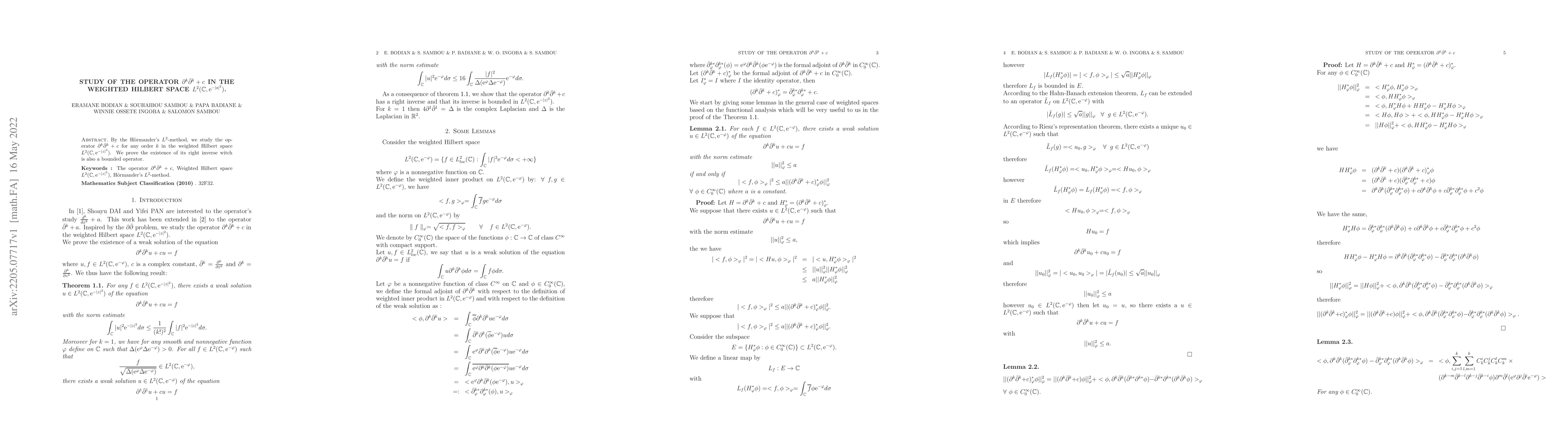 Thumbnail for Study of the operator $\partial^{k} \bar{\partial}^{k} + c$ in the
  weighted Hilbert space $L^2(\mathbb{C}, {\rm e}^{-\vert z \vert^2})$