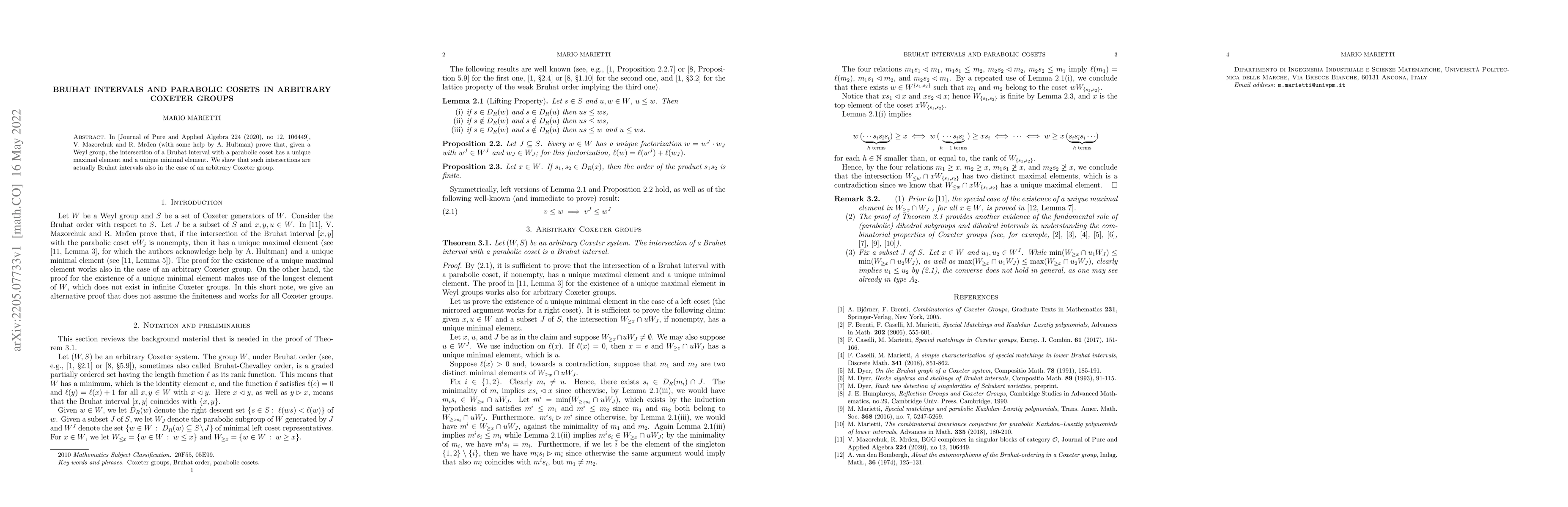 Thumbnail for Bruhat intervals and parabolic cosets in arbitrary Coxeter groups
