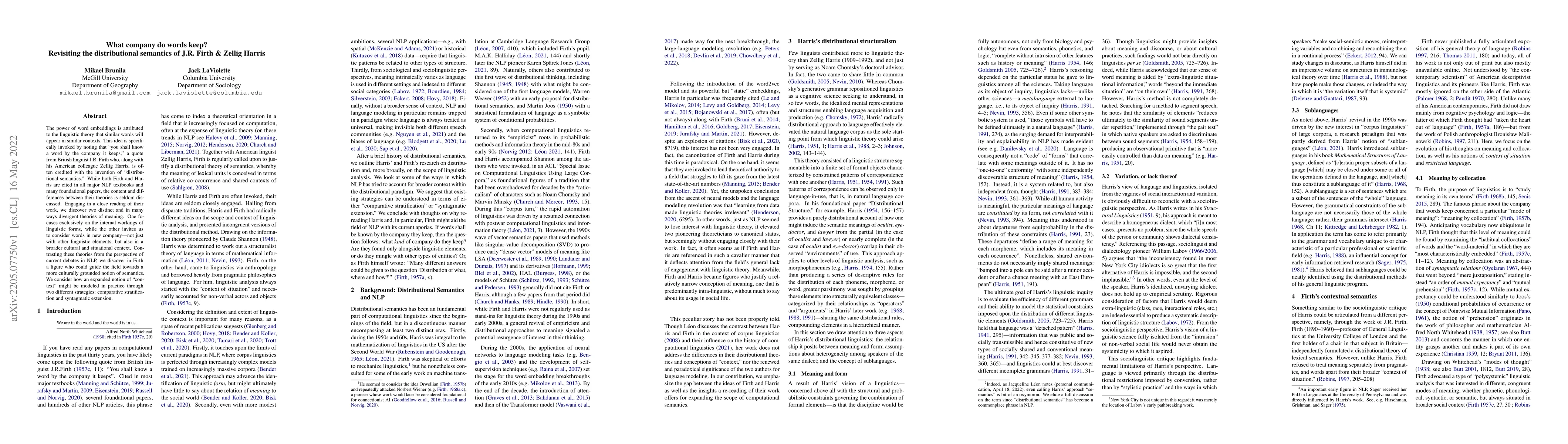 Thumbnail for What company do words keep? Revisiting the distributional semantics of
  J.R. Firth & Zellig Harris