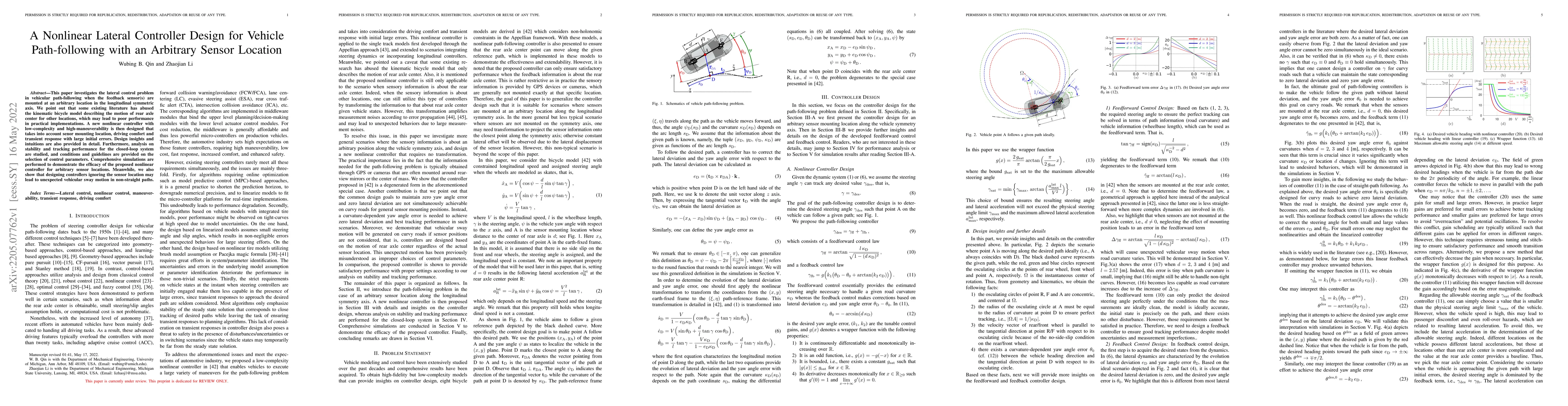 Thumbnail for A Nonlinear Lateral Controller Design for Vehicle Path-following with an
  Arbitrary Sensor Location
