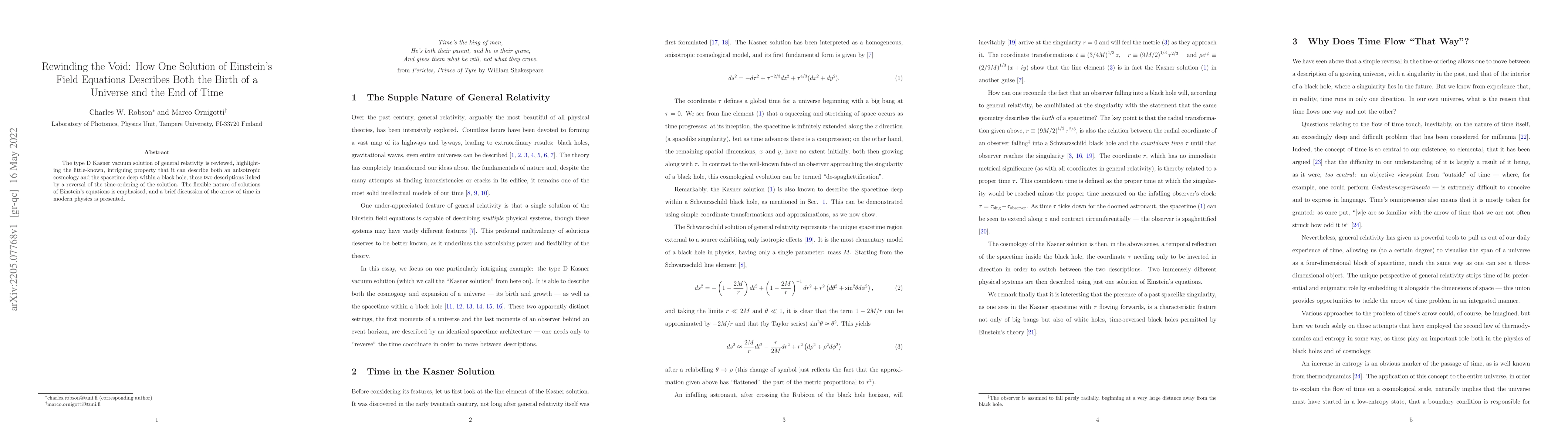 Thumbnail for Rewinding the Void: How One Solution of Einstein's Field Equations
  Describes Both the Birth of a Universe and the End of Time