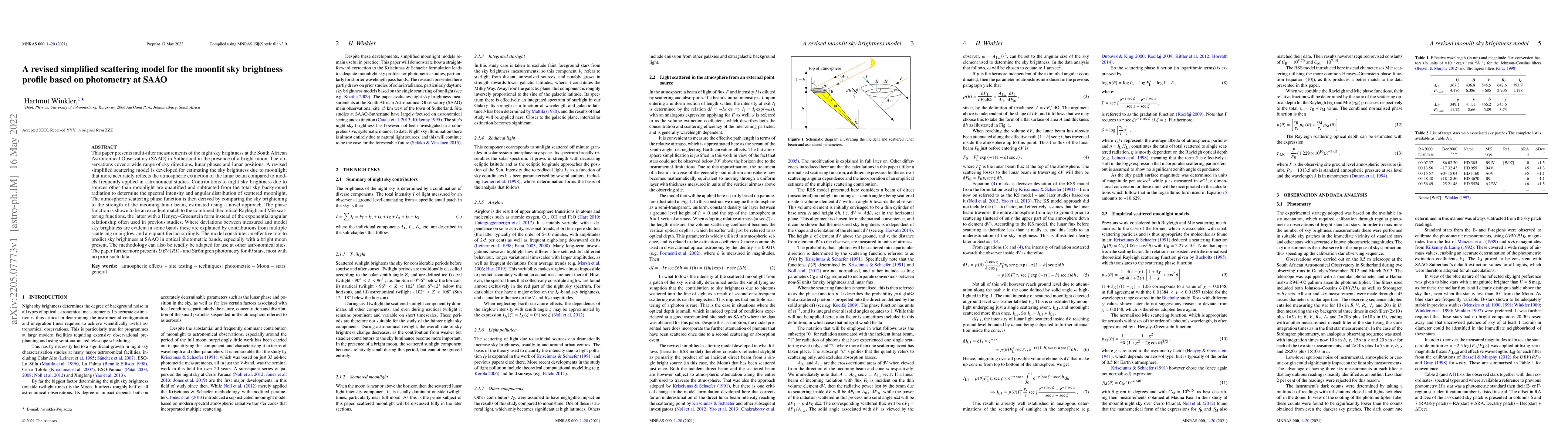 Thumbnail for A revised simplified scattering model for the moonlit sky brightness
  profile based on photometry at SAAO