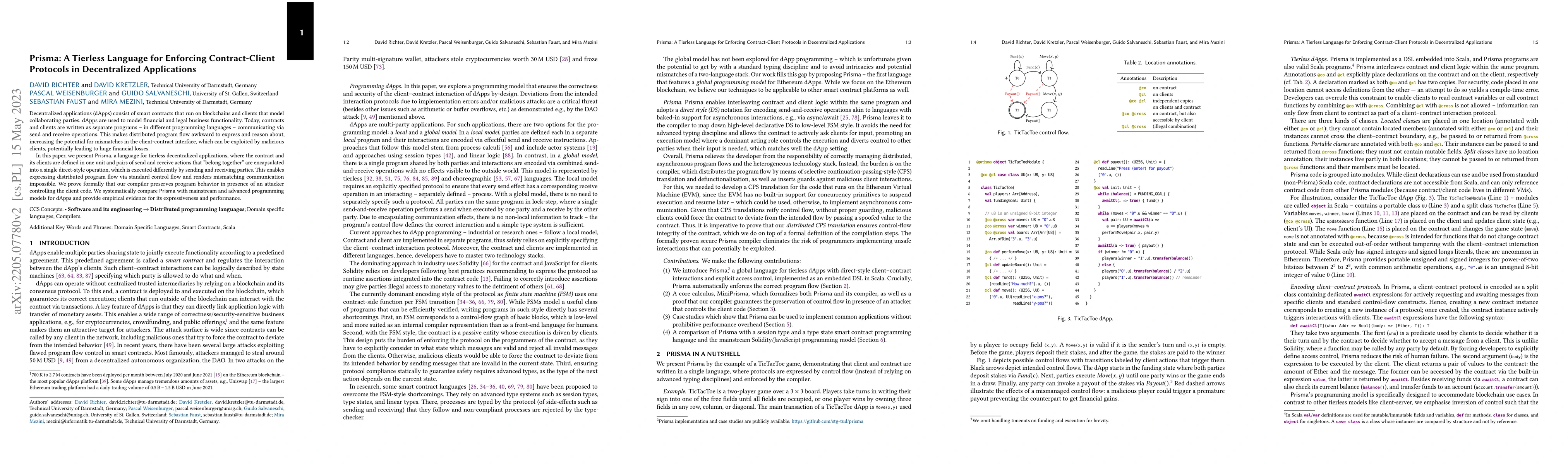 Thumbnail for Prisma: A Tierless Language for Enforcing Contract-Client Protocols in
  Decentralized Applications (Extended Version)