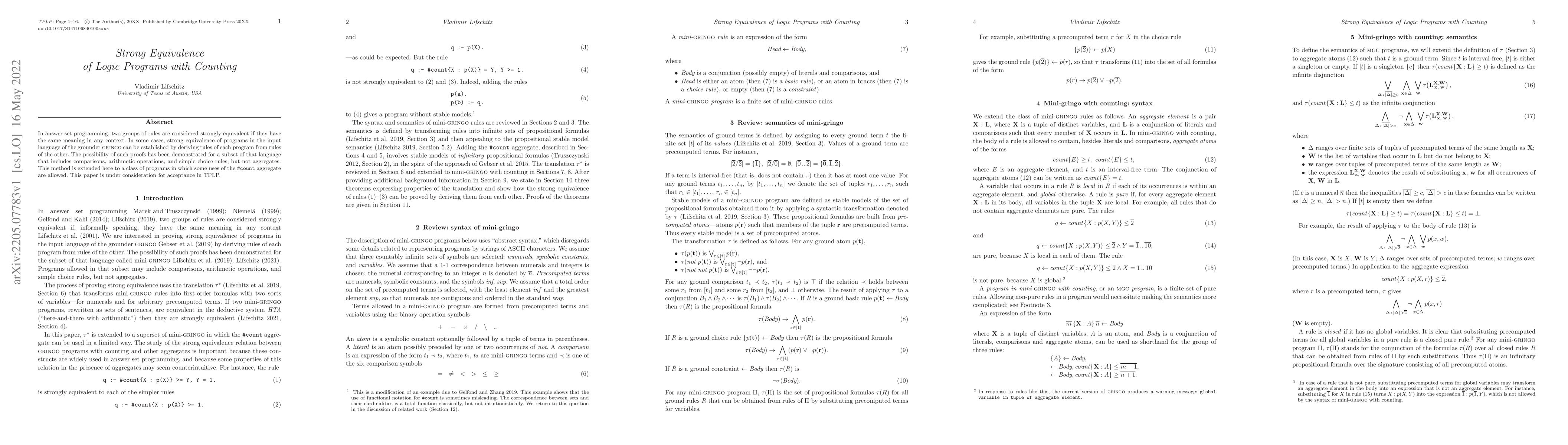 Thumbnail for Strong Equivalence of Logic Programs with Counting