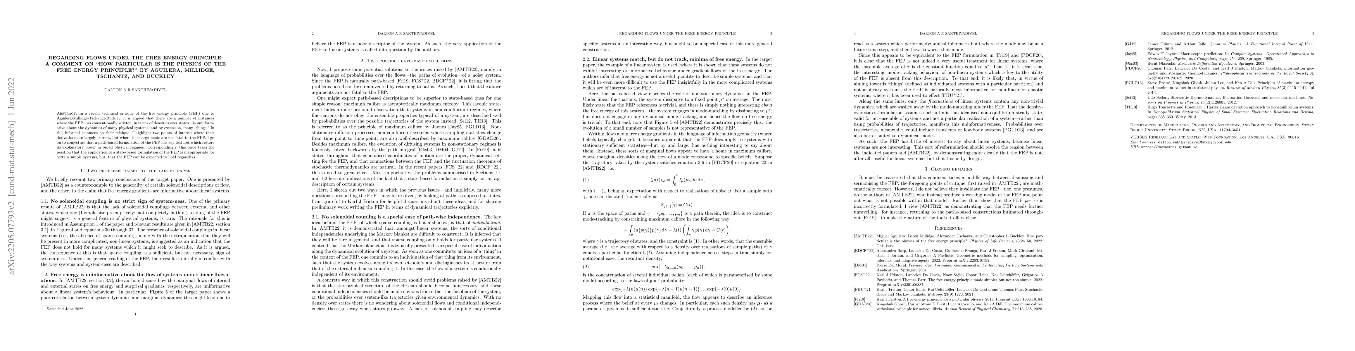 Thumbnail for Regarding Flows Under the Free Energy Principle: A Comment on "How
  Particular is the Physics of the Free Energy Principle?" by Aguilera,
  Millidge, Tschantz, and Buckley