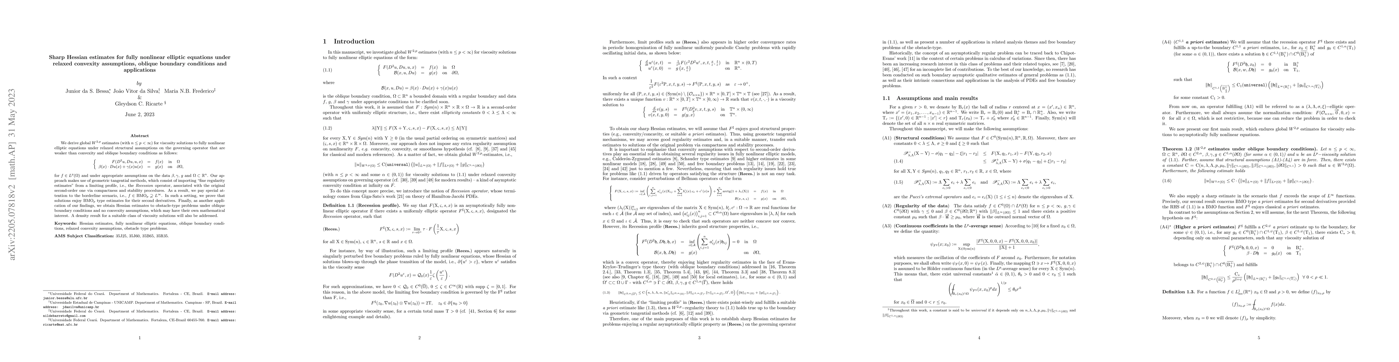 Thumbnail for Sharp Hessian estimates for fully nonlinear elliptic equations under
  relaxed convexity assumptions, oblique boundary conditions and applications