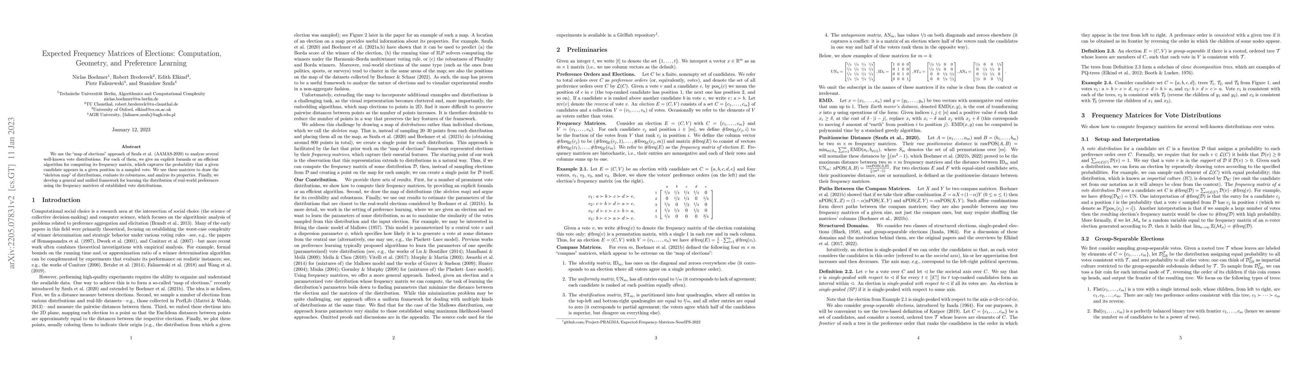 Thumbnail for Expected Frequency Matrices of Elections: Computation, Geometry, and
  Preference Learning
