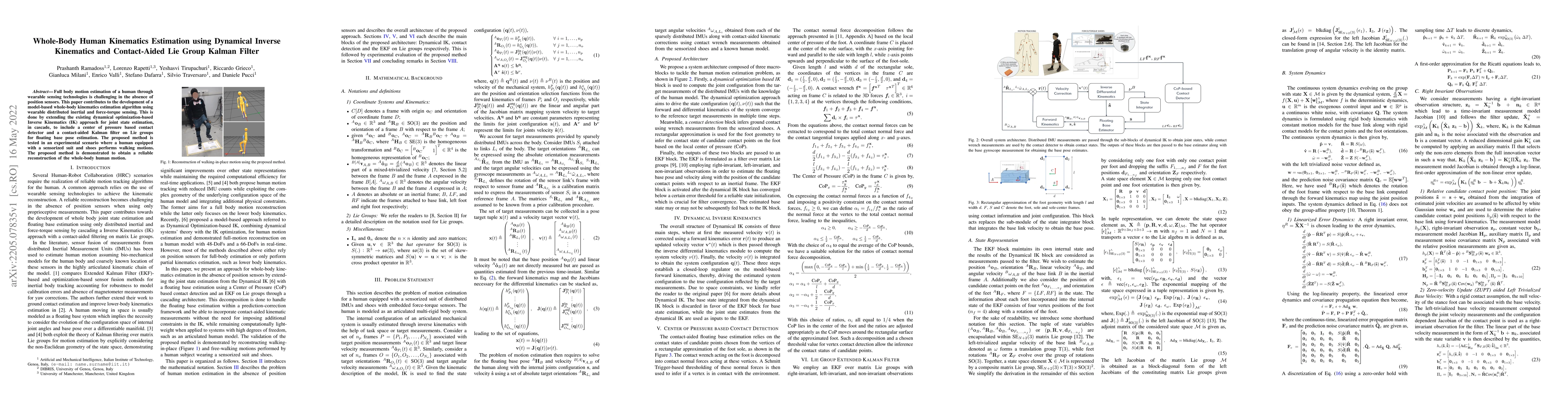 Thumbnail for Whole-Body Human Kinematics Estimation using Dynamical Inverse
  Kinematics and Contact-Aided Lie Group Kalman Filter