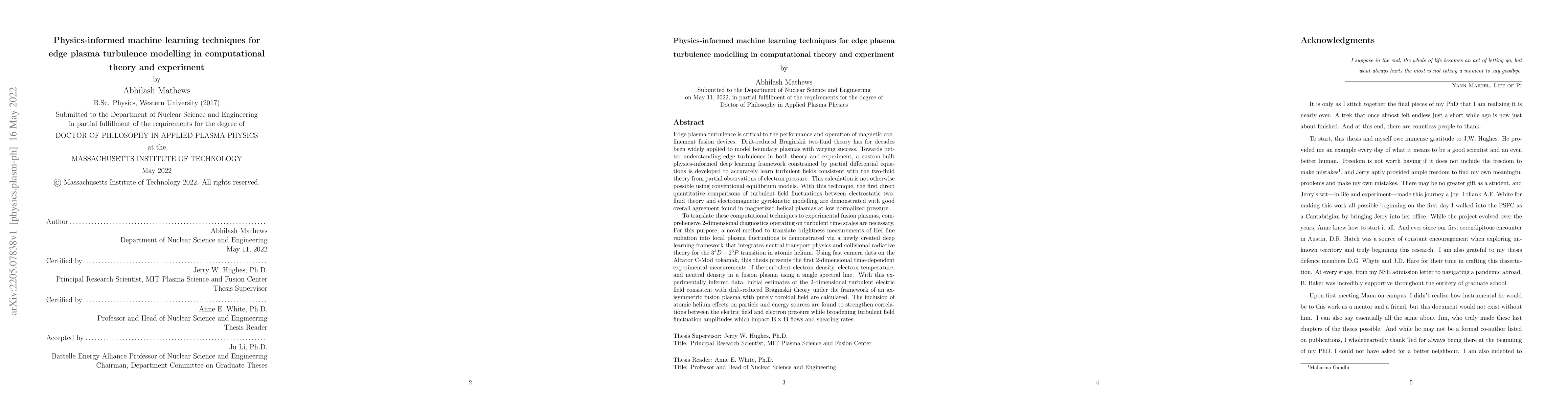 Thumbnail for Physics-informed machine learning techniques for edge plasma turbulence
  modelling in computational theory and experiment