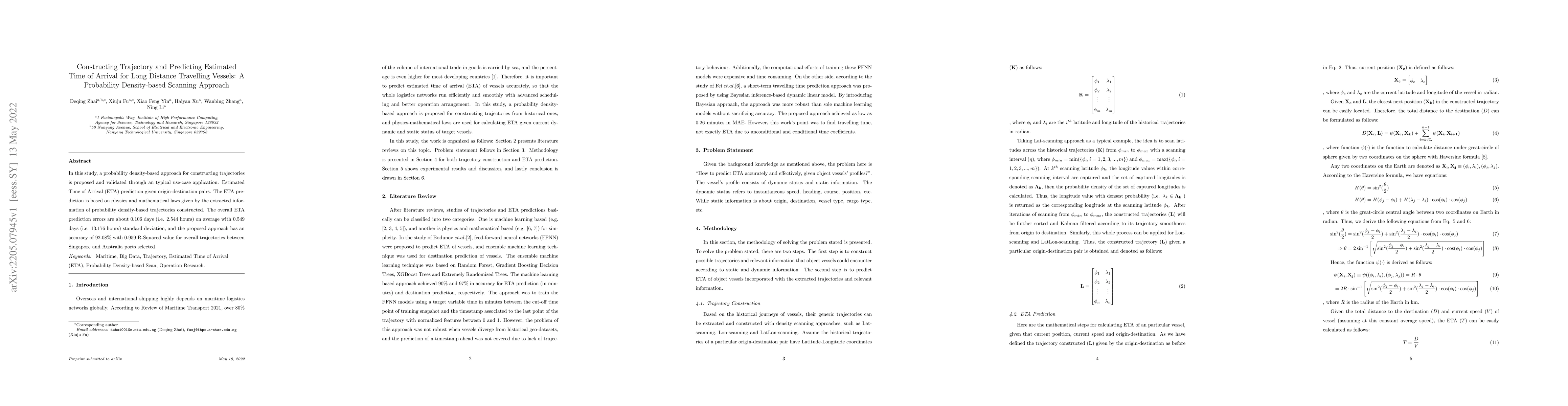 Thumbnail for Constructing Trajectory and Predicting Estimated Time of Arrival for
  Long Distance Travelling Vessels: A Probability Density-based Scanning
  Approach