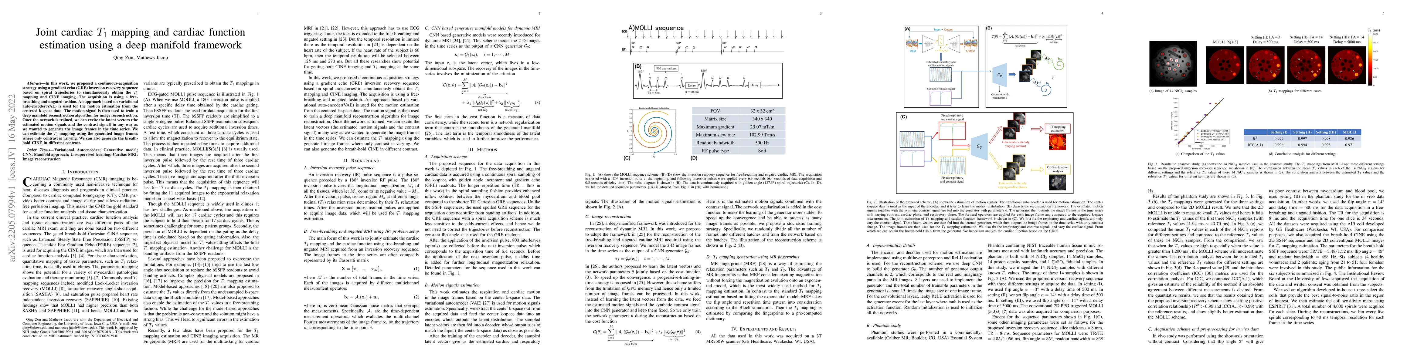 Thumbnail for Joint cardiac $T_1$ mapping and cardiac function estimation using a deep
  manifold framework