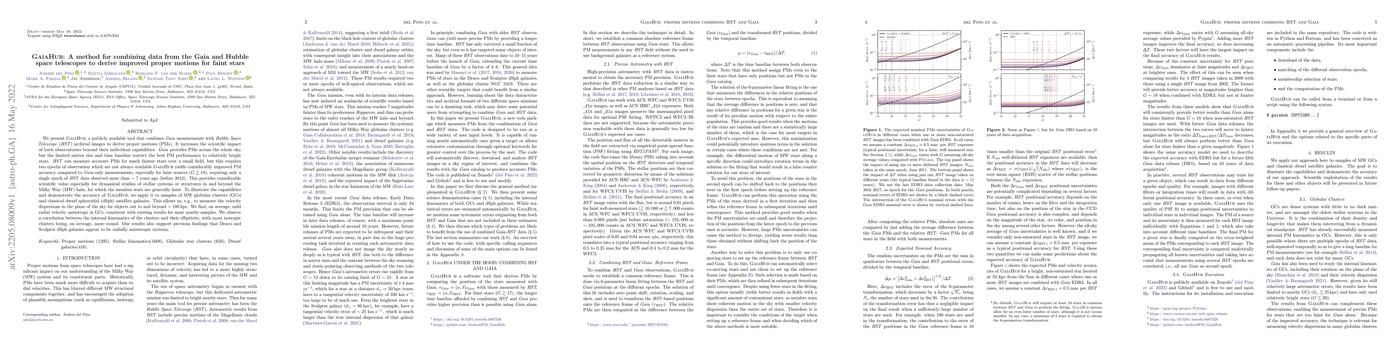 Thumbnail for GaiaHub: A method for combining data from the Gaia and Hubble space
  telescopes to derive improved proper motions for faint stars