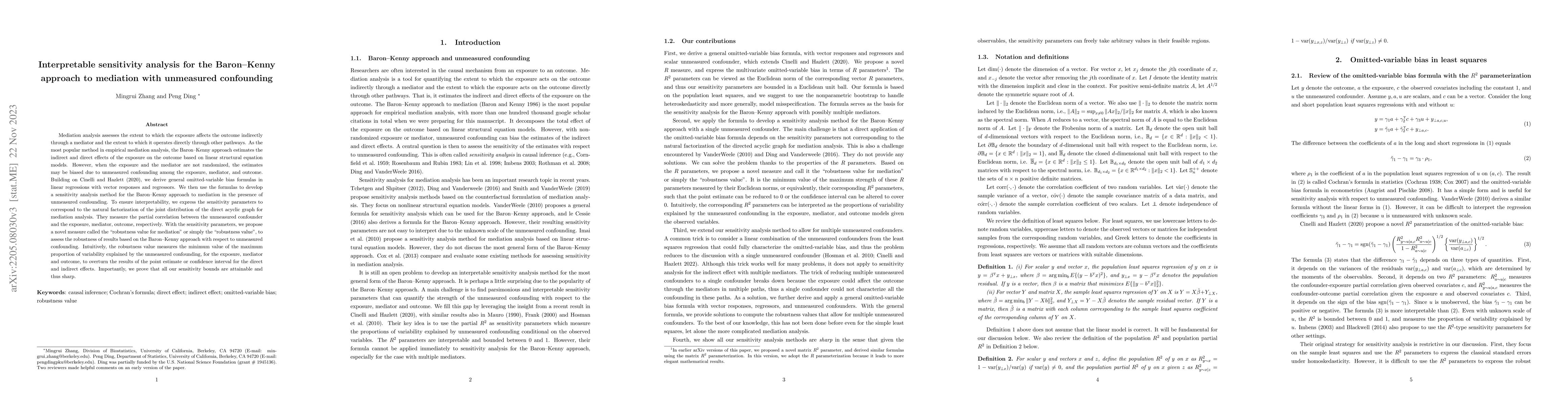 Thumbnail for Interpretable sensitivity analysis for the Baron-Kenny approach to
  mediation with unmeasured confounding