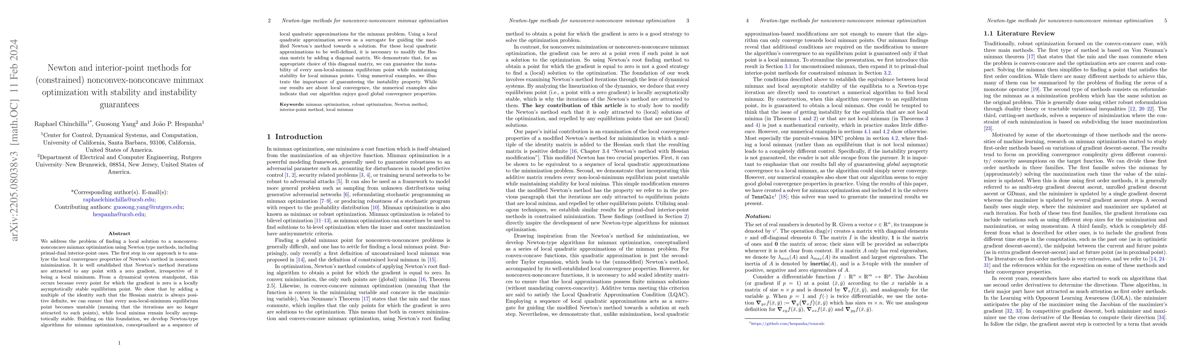 Thumbnail for Newton and interior-point methods for (constrained) nonconvex-nonconcave
  minmax optimization with stability and instability guarantees