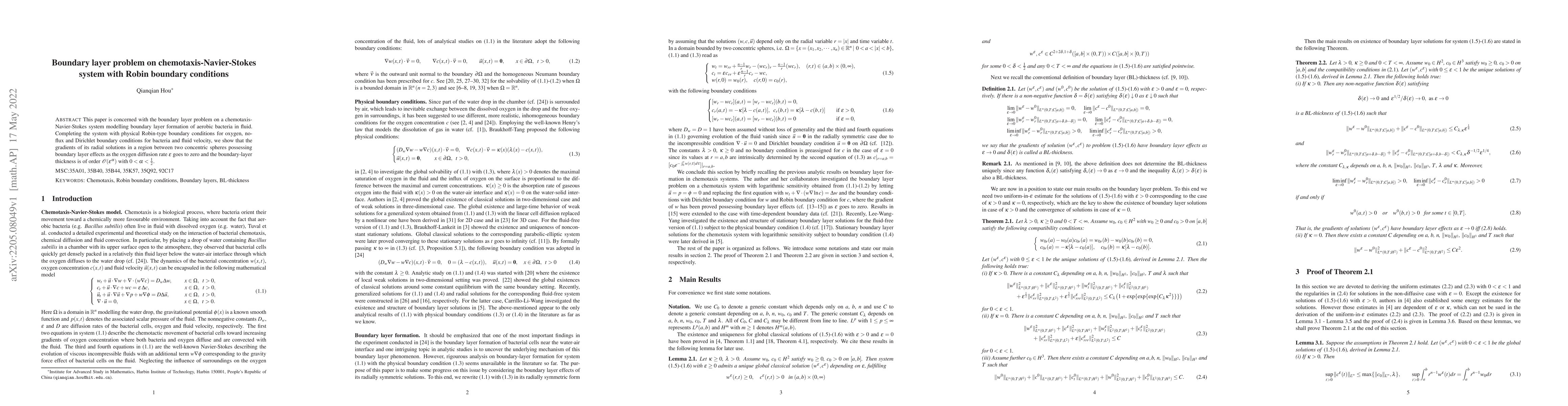 Thumbnail for Boundary layer problem on chemotaxis-Navier-Stokes system with Robin
  boundary conditions