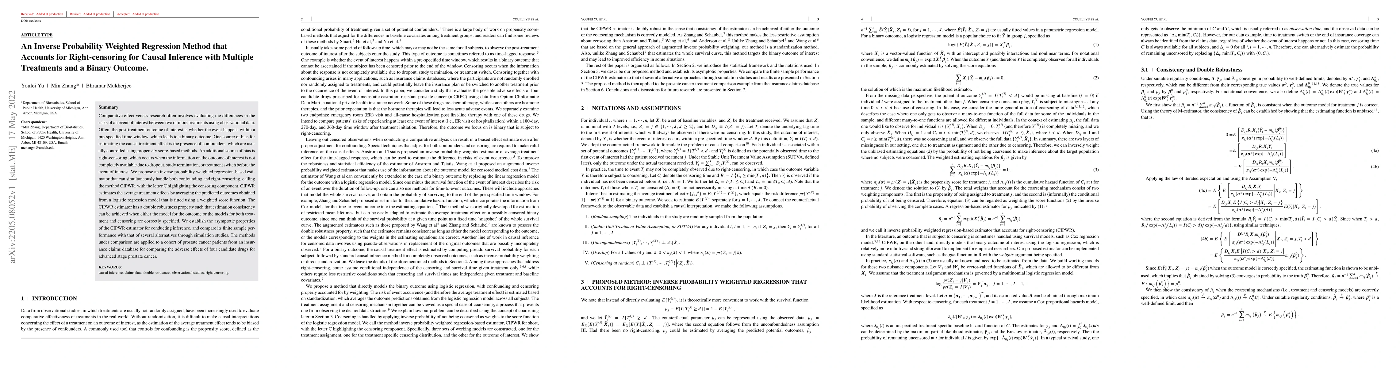 Thumbnail for An Inverse Probability Weighted Regression Method that Accounts for
  Right-censoring for Causal Inference with Multiple Treatments and a Binary
  Outcome