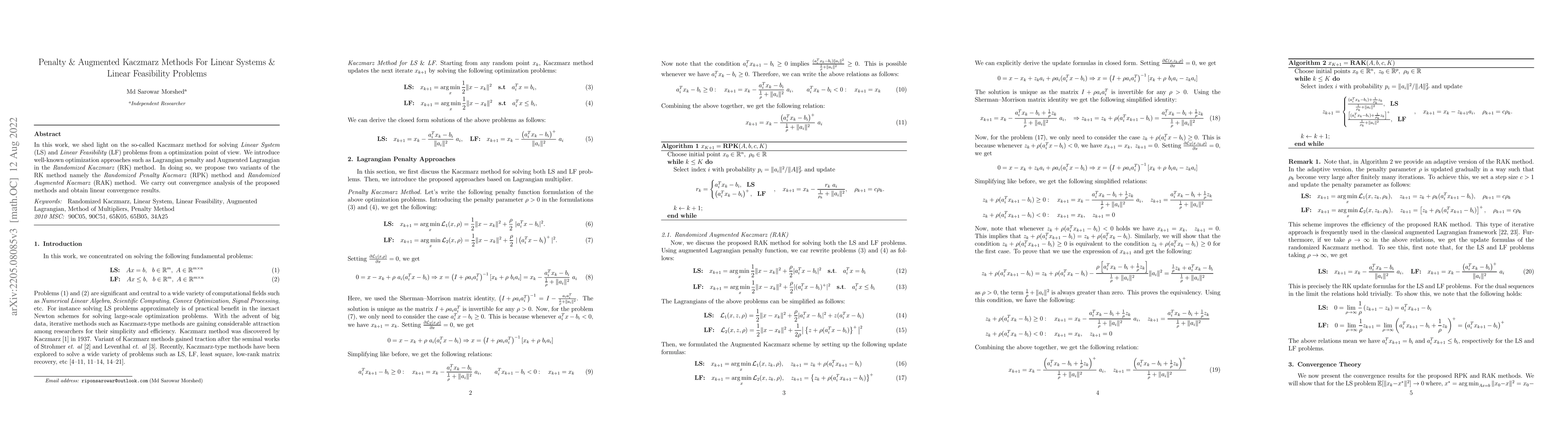 Thumbnail for Penalty & Augmented Kaczmarz Methods For Linear Systems & Linear
  Feasibility Problems
