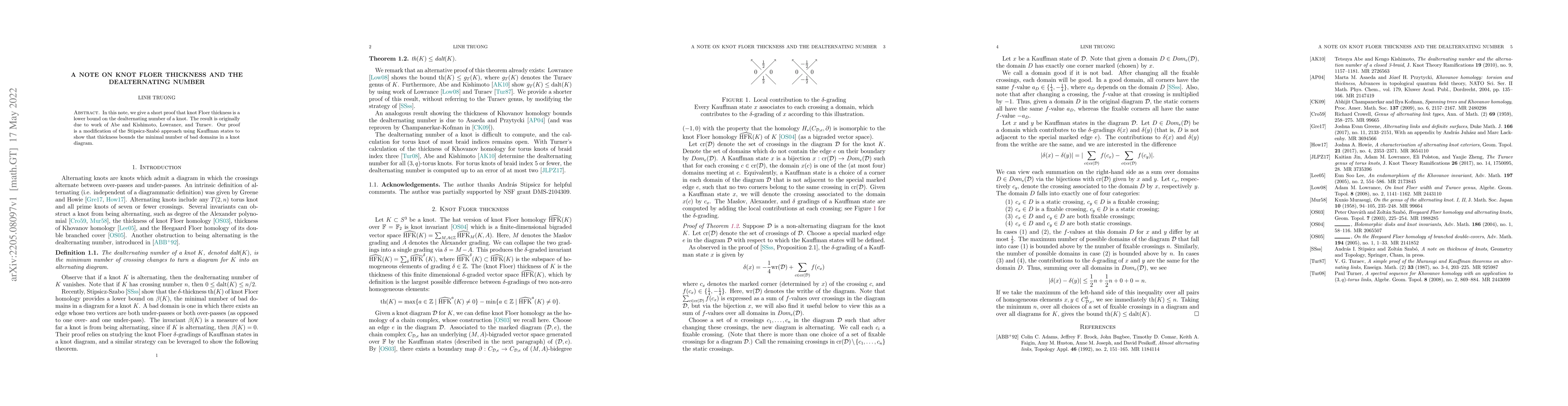 Thumbnail for A note on knot Floer thickness and the dealternating number
