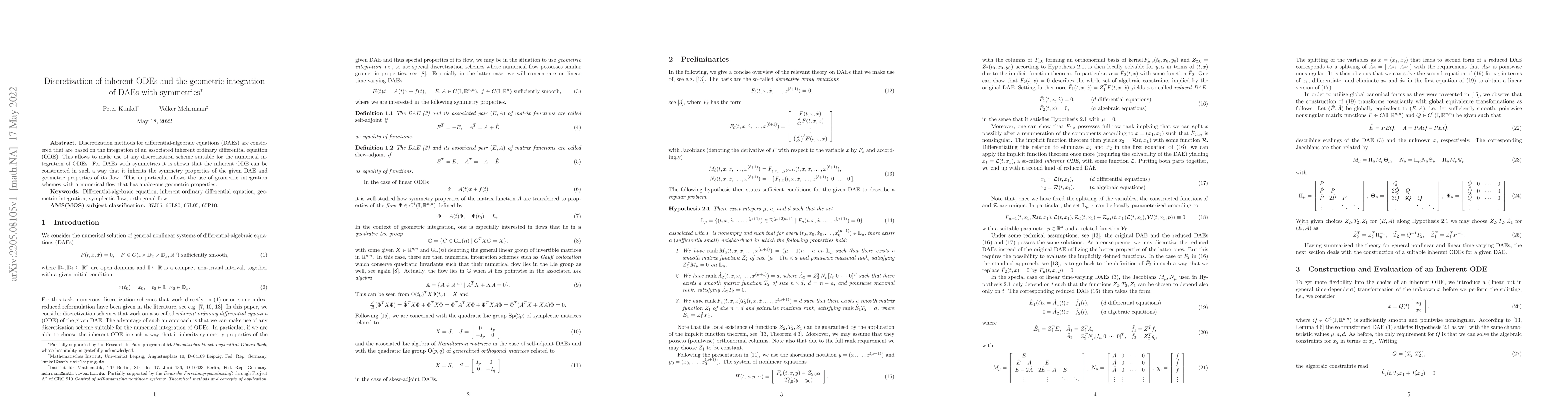 Thumbnail for Discretization of inherent ODEs and the geometric integration of DAEs
  with symmetries