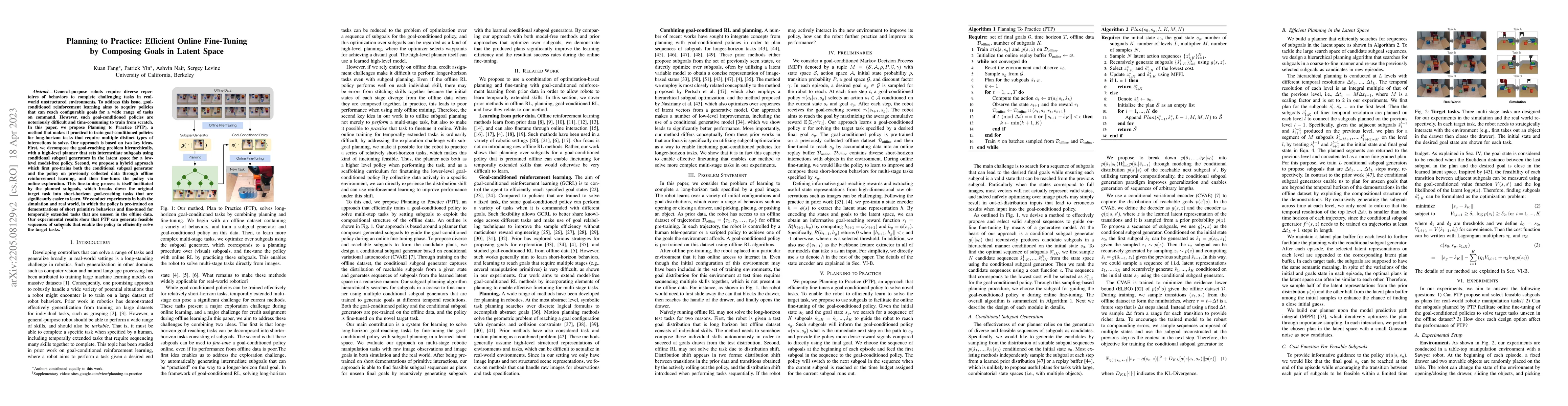 Thumbnail for Planning to Practice: Efficient Online Fine-Tuning by Composing Goals in
  Latent Space