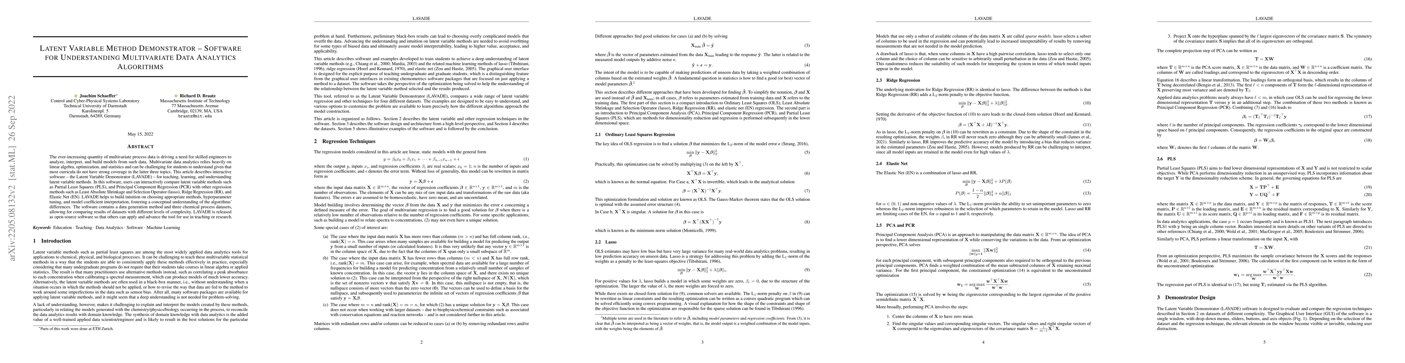 Thumbnail for Latent Variable Method Demonstrator -- Software for Understanding
  Multivariate Data Analytics Algorithms