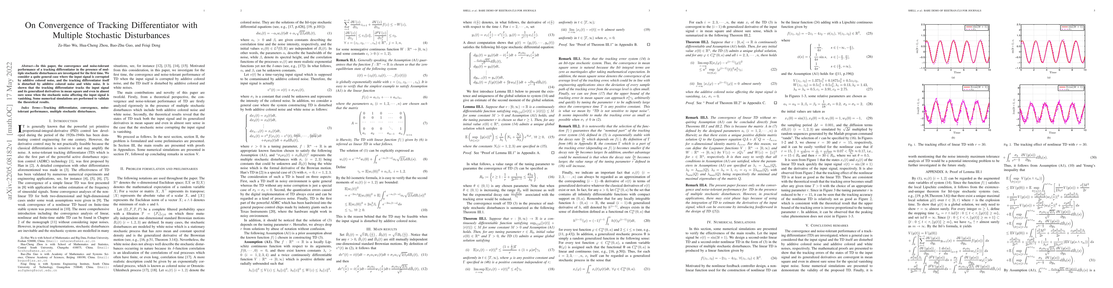 Thumbnail for On Convergence of Tracking Differentiator with Multiple Stochastic
  Disturbances