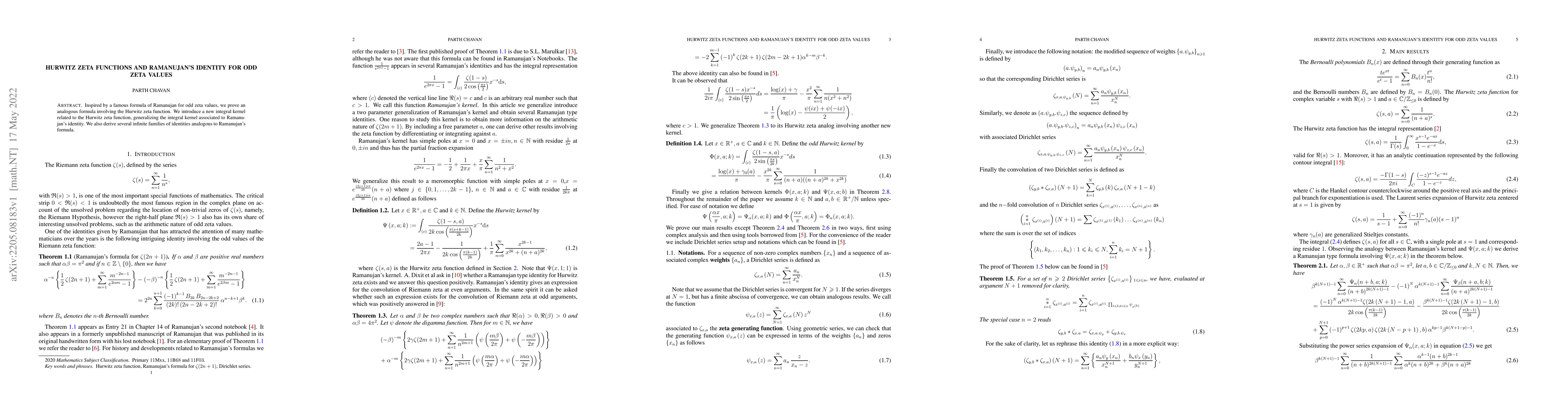 Thumbnail for Hurwitz Zeta Functions and Ramanujan's Identity for Odd Zeta Values