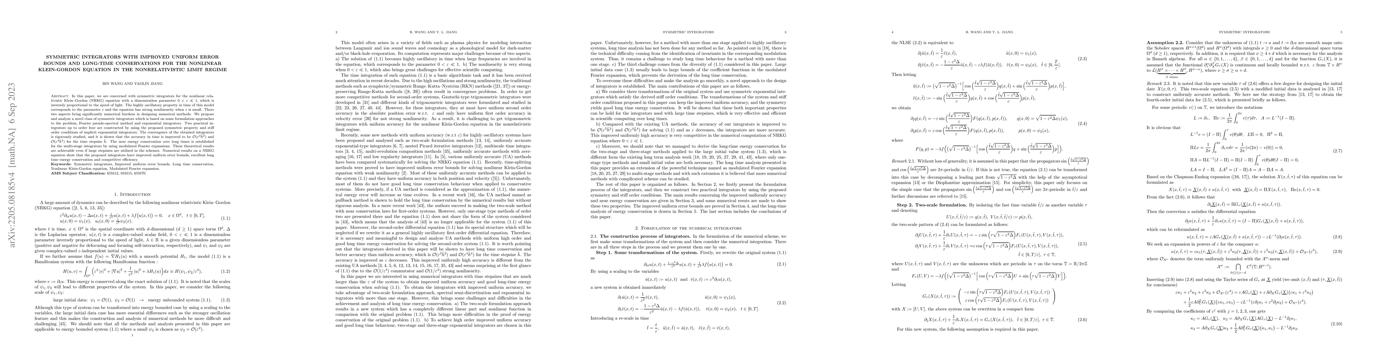 Thumbnail for Symmetric integrators with improved uniform error bounds and long-time
  conservations for the nonlinear Klein-Gordon equation in the nonrelativistic
  limit regime