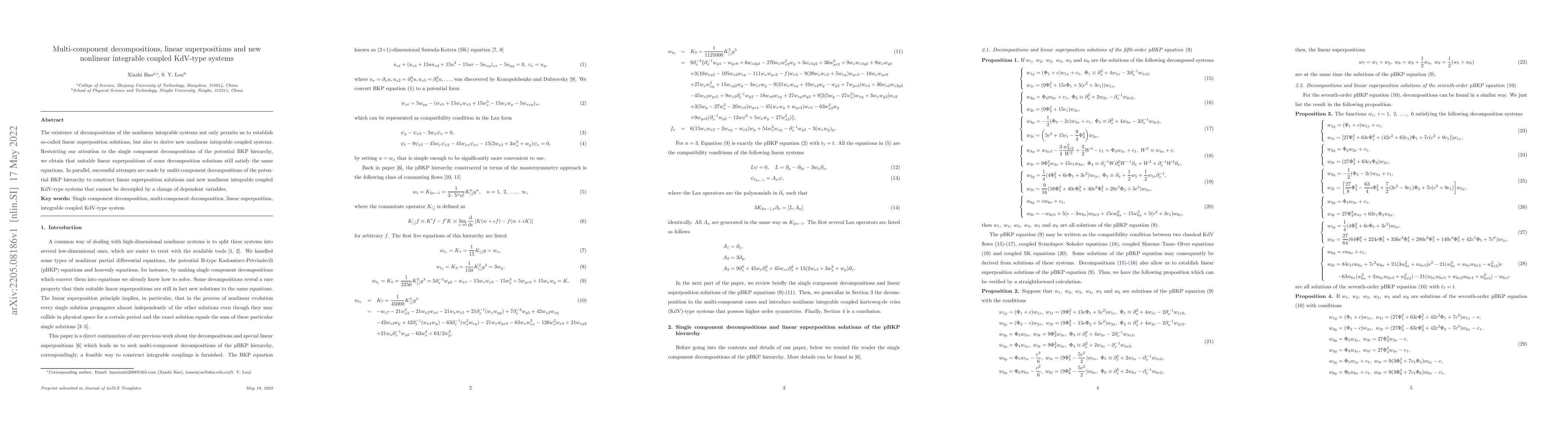 Thumbnail for Multi-component decompositions, linear superpositions, and new nonlinear
  integrable coupled KdV-type systems