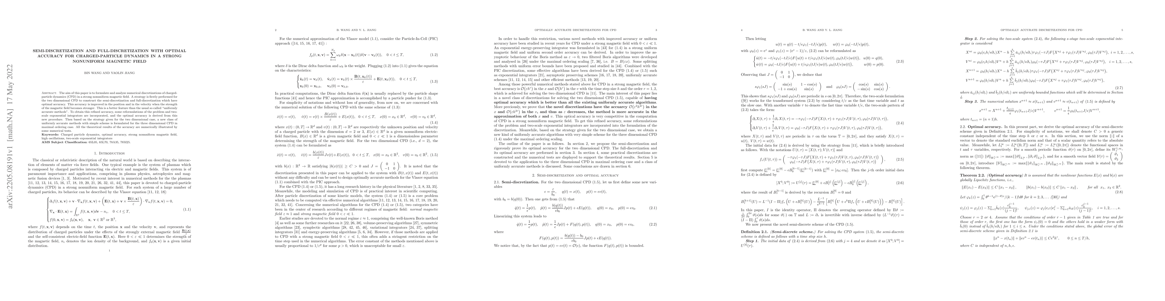 Thumbnail for Semi-discretization and full-discretization with optimal accuracy for
  charged-particle dynamics in a strong nonuniform magnetic field