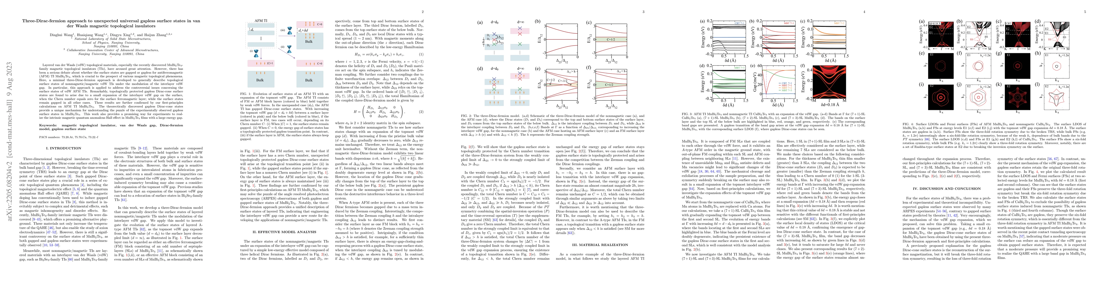 Thumbnail for Three-Dirac-fermion approach to unexpected universal gapless surface
  states of van der Waals magnetic topological insulators