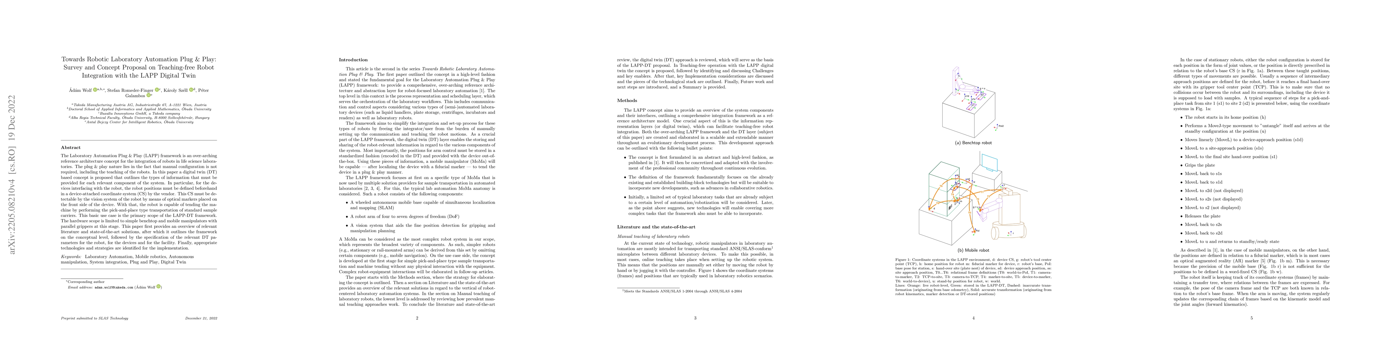 Thumbnail for Towards Robotic Laboratory Automation Plug & Play: Survey and Concept
  Proposal on Teaching-free Robot Integration with the LAPP Digital Twin