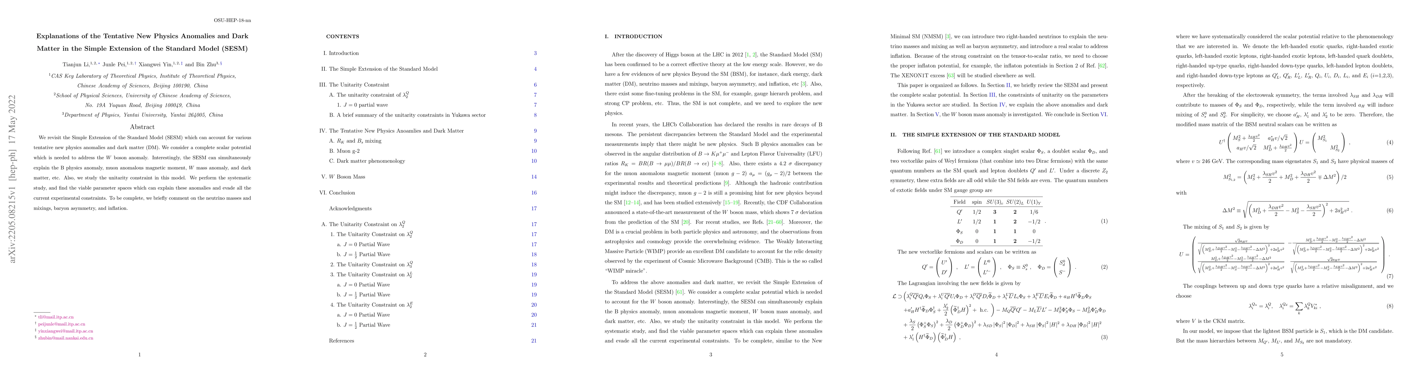 Thumbnail for Explanations of the Tentative New Physics Anomalies and Dark Matter in
  the Simple Extension of the Standard Model (SESM)