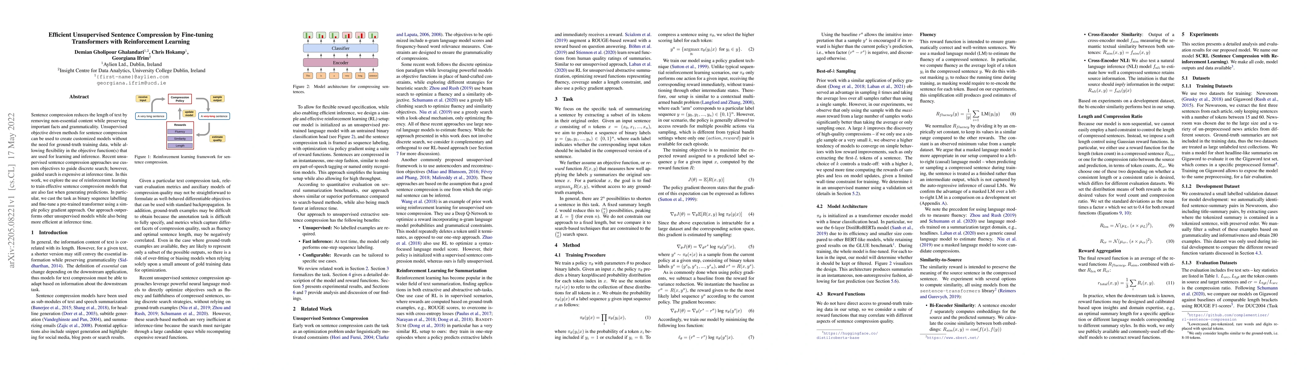 Thumbnail for Efficient Unsupervised Sentence Compression by Fine-tuning Transformers
  with Reinforcement Learning